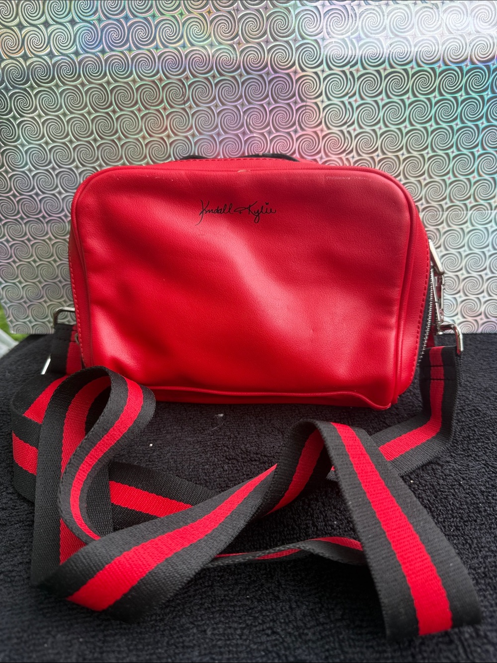Kendall & Kylie Red Crossbody with Black and Red Striped Strap